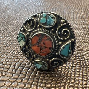 Wonderful Natural Turquoise Coral Old Unique Silver Tone Ring